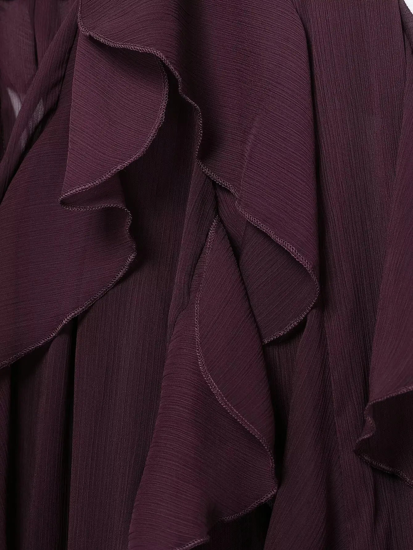 TRAFZA 2025 Women Elegant Solid Ruffles Blouse Spring Female V-Neck Long Sleeved Gauze Shirt Casual Hollow Out Lady Clothes
