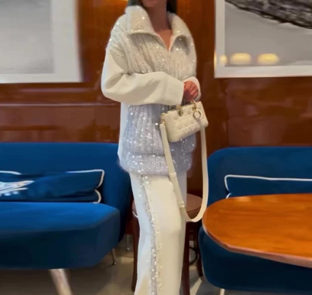 Women Elegant Pant Sets Two Piece Long Sleeve Sequins Splice Sweater Jacket Coat High Waist Side Sequin Trim Wide Leg Trousers