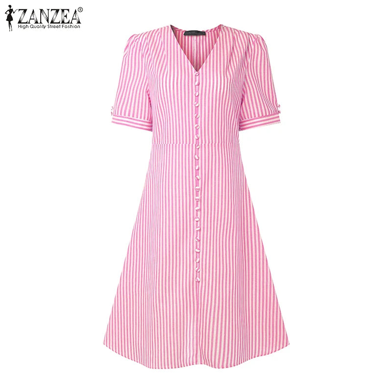 ZANZEA Women Elegant Striped Midi Dresses 2025 Summer Fashion V-Neck Short Puff Sleeve Fitted Waist A-Line Robes Femme Korean