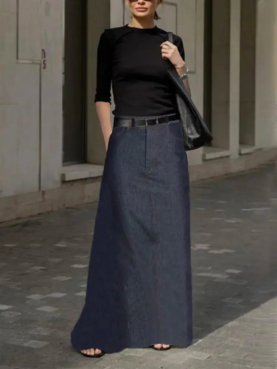 Fashion Imitation Denim H-Line High Waist Skirts Spring Summer Loose Solid Color Pockets Maxi Skirt For Women