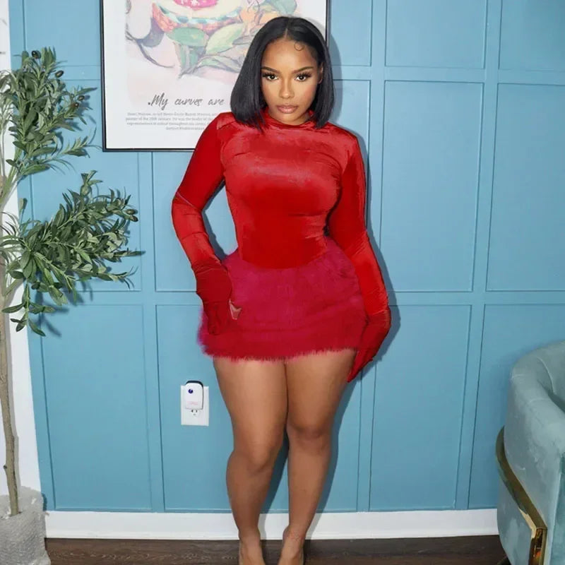 Velvet Long Sleeve Solid Gloves Sexy Bodysuit Furry Skirt 2 Piece Sets Fall Winter Women Elegant Outfit Party Birthday