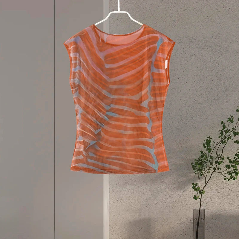 Chic Printed Contrast Women's Skirt Suit Sexy O-neck See Through Sleeveless Bodysuit High Waist Skirts Female 2025 Summer Outfit