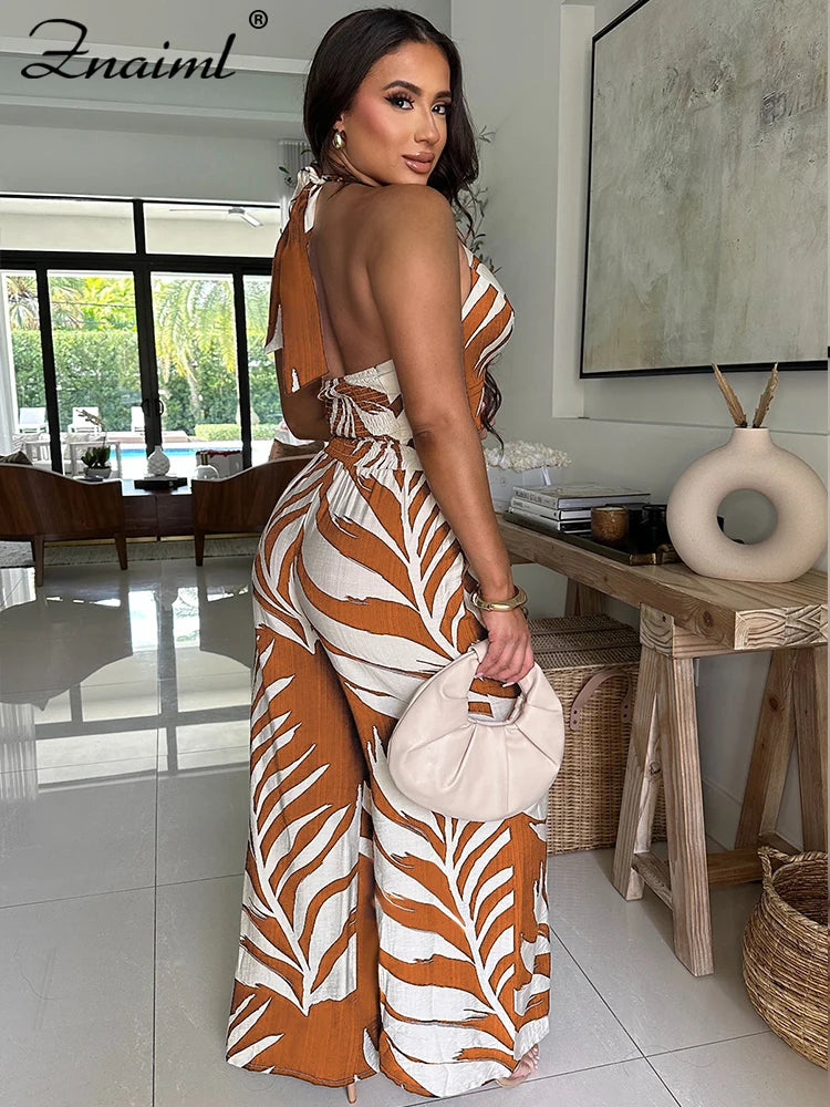 Znaiml Sexy Boho Leaf Printed Wide Leg Pants Sets for Women Halter Sleeveless Crop Tops and Trousers Two 2 Piece Vacation Outfit
