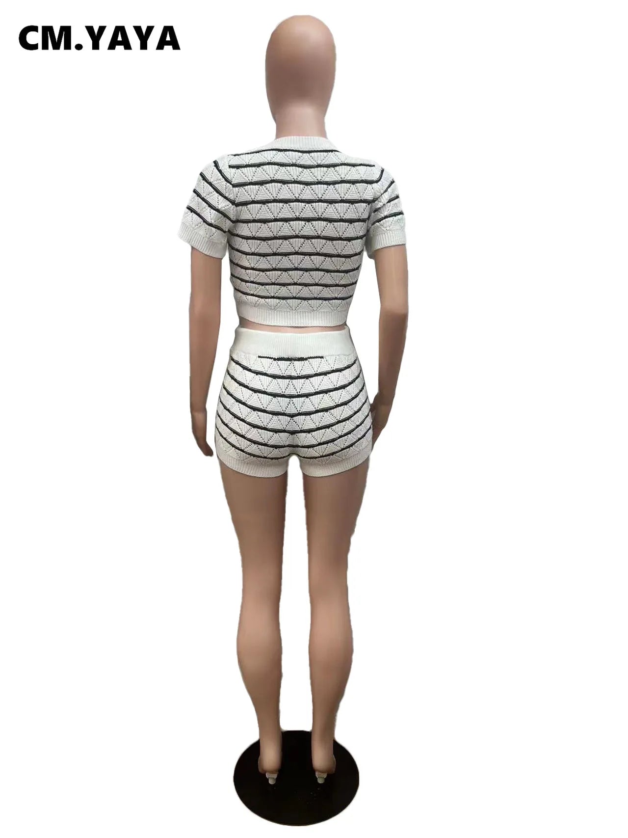 CM.YAYA Women's Set Short Sleeve Top and Shorts 2024 Summer Two 2 Piece Set Outfit Striped Knitted Ribbon Beach Tracksuit
