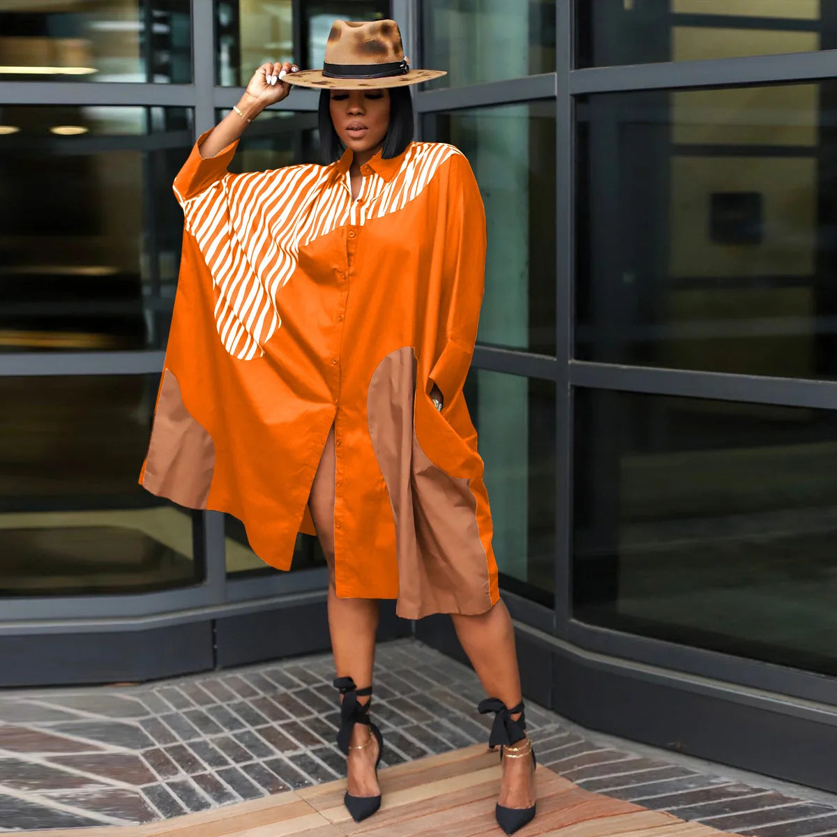 CM.YAYA Elegant Patchwork Women Long Sleeve Single Breasted Loose Shirt Dress Street Fashion Slim Striped Smock INS Dresses