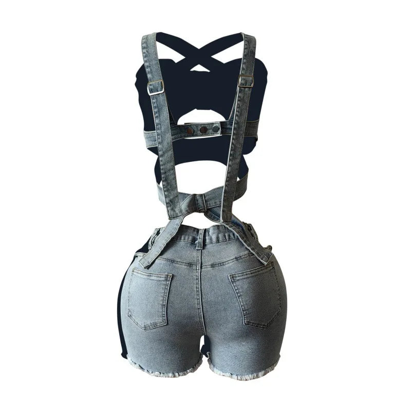 CM.YAYA Sexy Holiday Denim Women's Set Halter Neck Crop Tops and Ripped Out Shorts Jeans 2025 Summer Two 2 Piece Sets Outfit