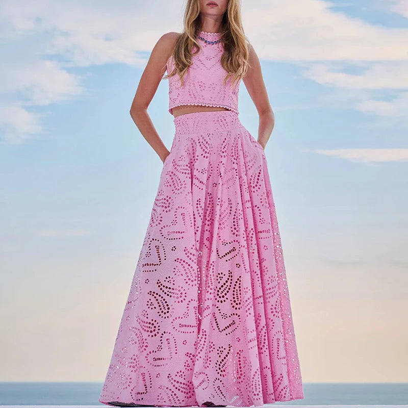 Fashion Hollow Embroidery Party Outfits Women Clothing Temperament Slim Lace Suit Sexy O Neck Sleeveless Vest Top+Long Skirt Set