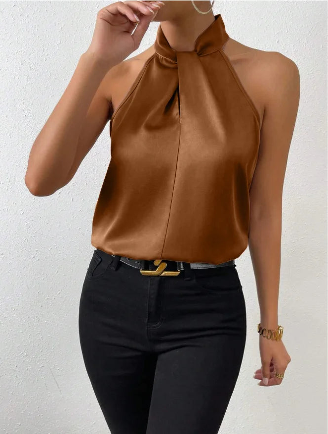Women's Tops 2025 Summer New European and American Clothes Satin Halter Sleeveless Vest Sexy Commuting Satin Simulated Silk Top