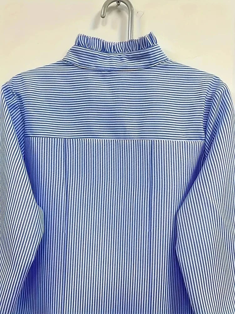 Plus Size Women's 2025 New Women's Blue Striped Shirt Basic Comfortable Versatile Temperament Long Sleeve Shirt