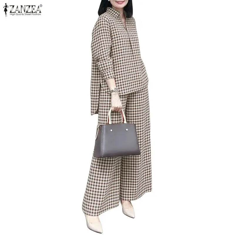 Gingham Blouse And Wide Leg Pants Set