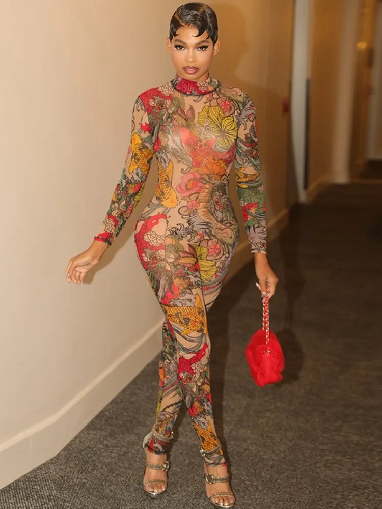 Joskaa Colorful Print Mesh Backless Jumpsuit Women Sexy See Through Full Sleeve Skinny Overalls 2025 Coquette Midnight Clubwear