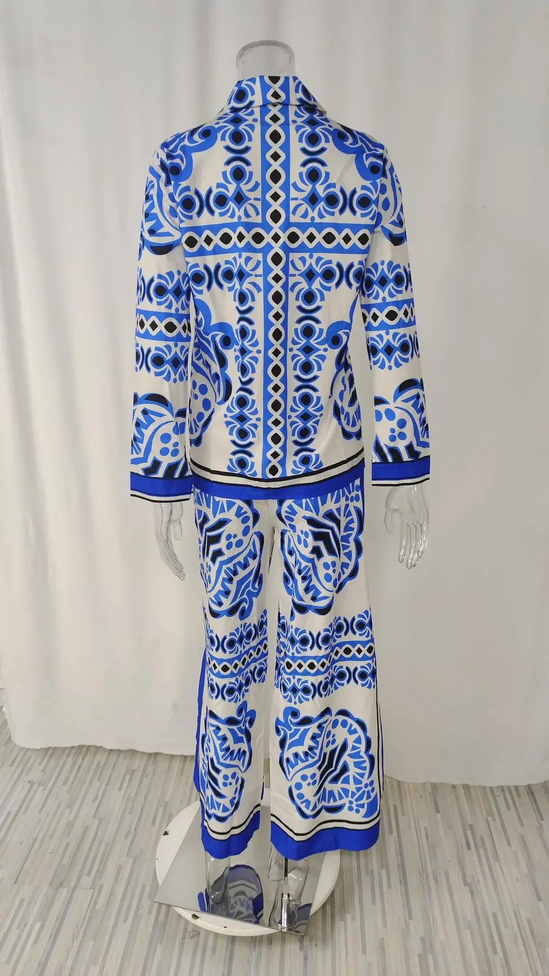 Long Sleeve Long Pant Sets Women Retro Lapel Single Breasted Blouses Trousers 2 Piece Set Printed Color-blocking Elastic Waist