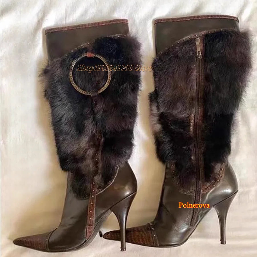 Winter Furry Leather Knee High Boots,Crocodile Pattern Pointed Toe Stiletto Women Shoes Zipper Boots2023 New Zapatos Para Mujere