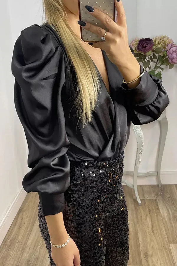 Spring Solid Color Commute Satin Shirt Pullover Fashion V-Neck Puff Long Sleeve Blouses Female Temperament Pleated Ruffled Tops