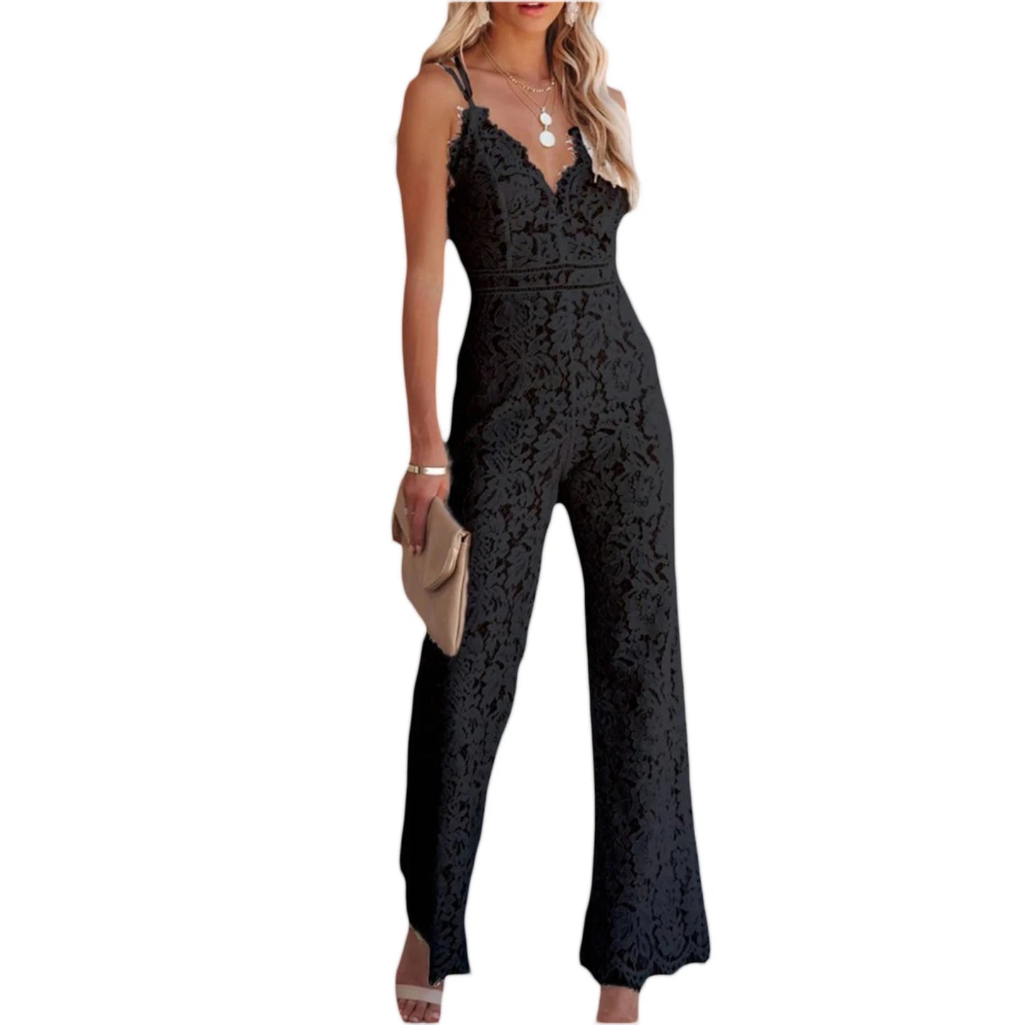 Elegant Lace Spaghetti Strap V Neck Wide Leg Jumpsuit for Women