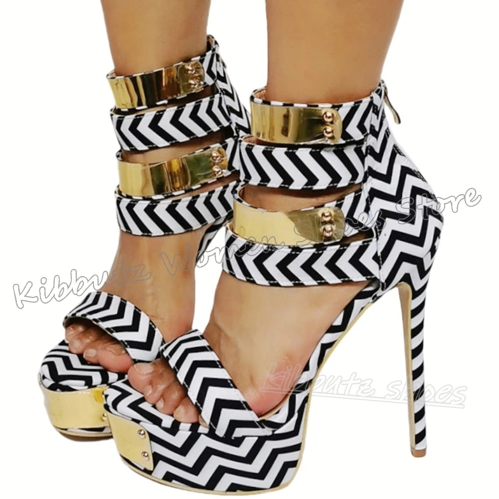 Striped Sandals Metal Decor Platform Round Toe Thin High Heels Fashion Luxury Elegant Concise Sexy Party Wedding Women Shoes New