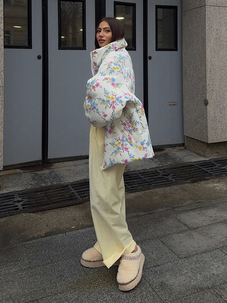 Floral Print Oversized Stand Collar Puffer Jacket For Women