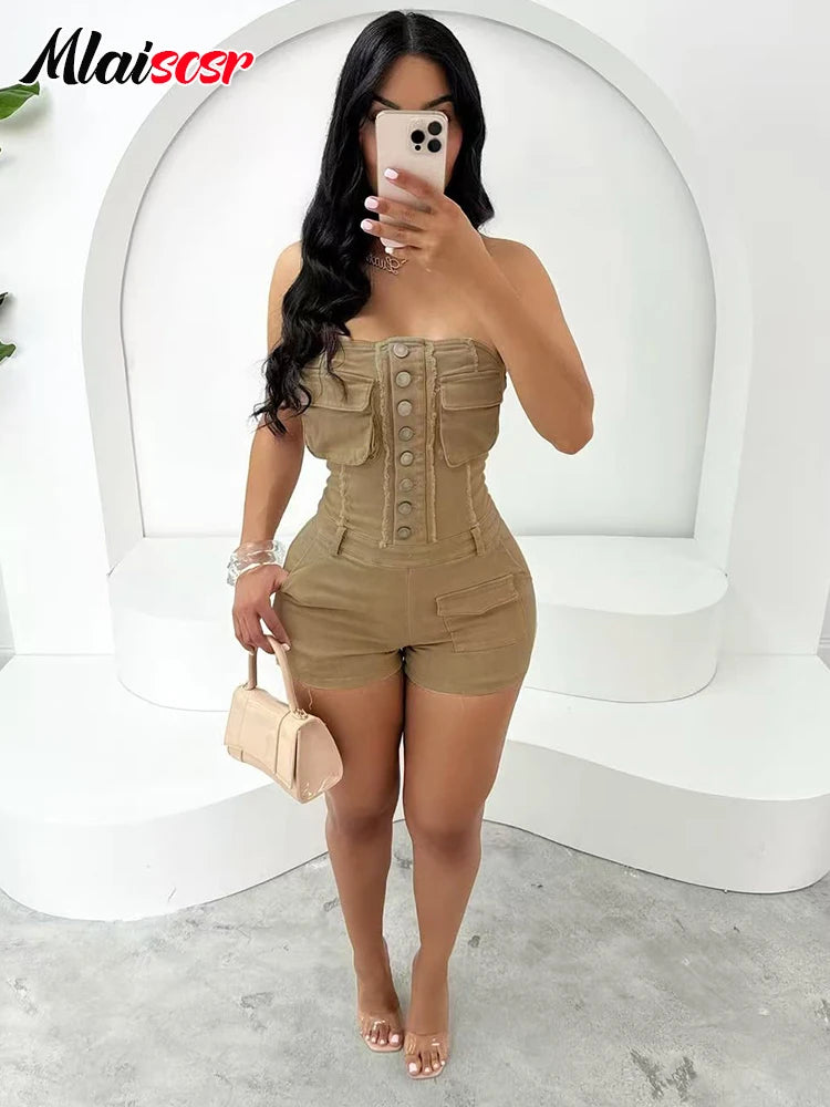 Mlaiscsr Sexy Off Shoulder Bodycon One Pieces Rompers Women Button Sleeveless Slim Cargo Short Pants Jumpsuits Club Overalls