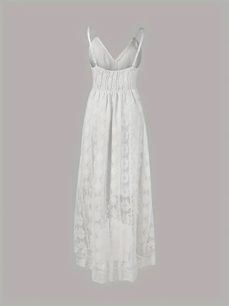 Summer Women Lace Strapless Flared Maxi Dress Solid White Long Dress Sleeveless V Neck Flowy Ruffle Bohemian Dresses