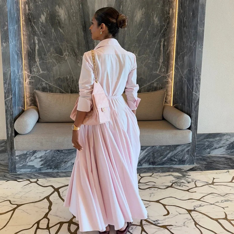 Solid Women's Casual Pleated Long Dress Fashion Lapel Full Sleeve Button Maxi Dress Lady 2025 Early Autumn Chic Street Robes