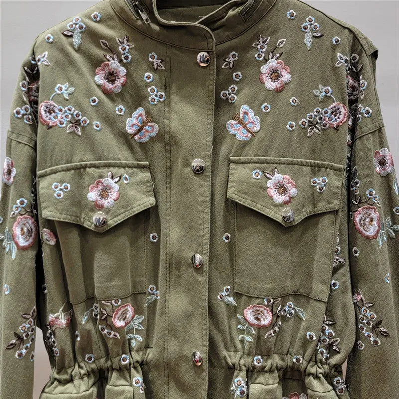 YEAE autumn fashion heavy industry flower embroidered trench coat women's stand-up collar loose drawstring waist trench coat