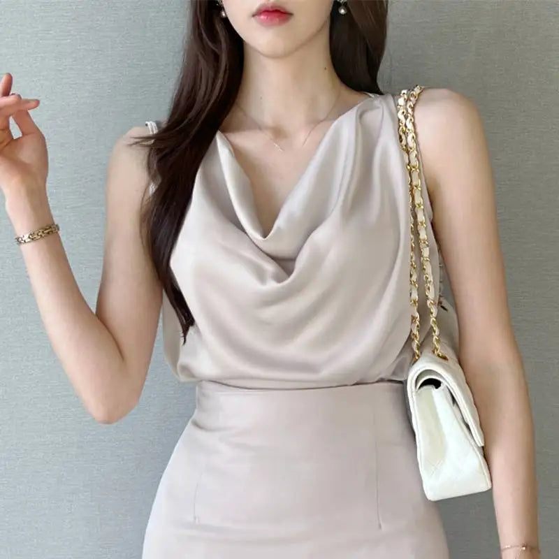 ZANZEA Women Satin Tank Tops Elegant Cowl Neck Sleeveless Blouse Korean Fashion Silk Solid Color Tanks Office Lady Sexy Camisole