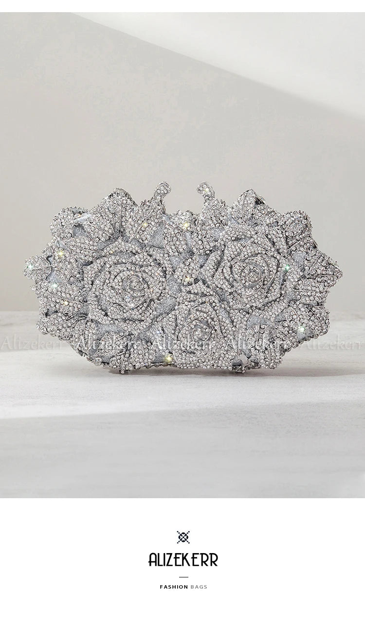 Alizekerr Rose Crystal Evening Clutch Bags Women New Luxury Boutique Sparkling Diamond Flower Purses And Handbags Wedding Party