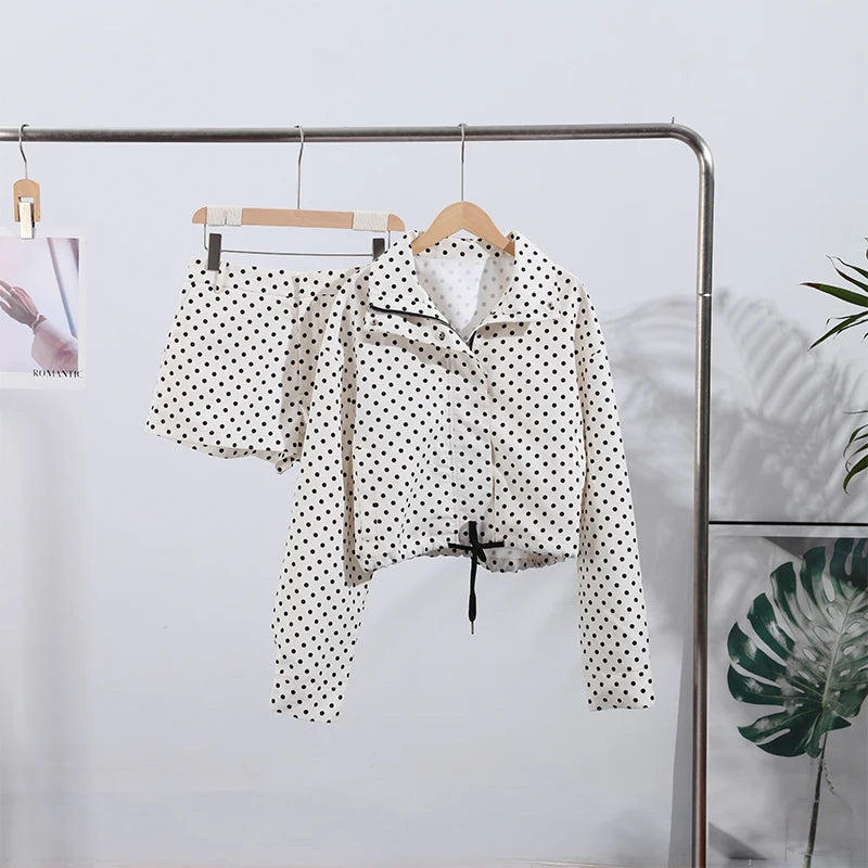 Loose Polka Dot Zipper Women's Shorts Set Stand Collar Patchwork Full Sleeve Pockets Jacket Tie Up Short Pant Suit Summer Outfit