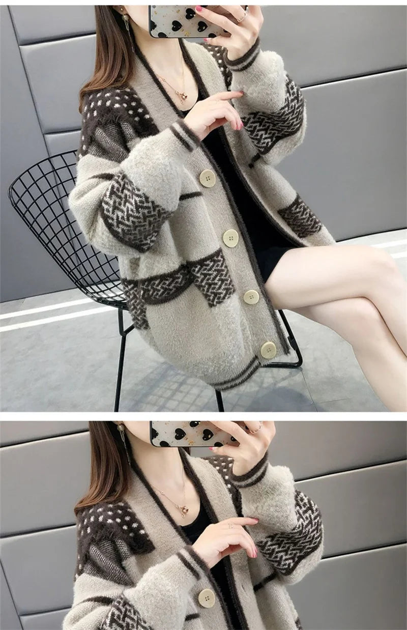 Mink Velvet Knitted Cardigan Jacket Women's 2022 New Loose Ladies Sweater Outerwear Spring And Autumn All-Match Button Jacket