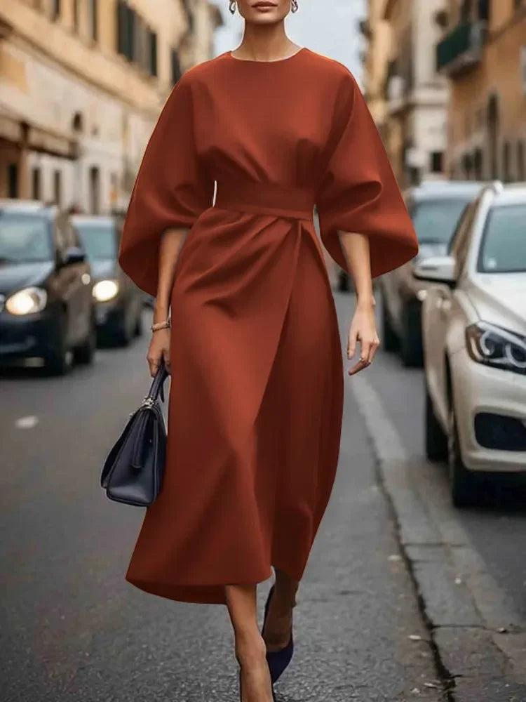 Beautyblue Long Dress for Women Fashion Summer Elegant Dresses 2025 New Round-Neck Puff Sleeves Pleated Party Evening Dress