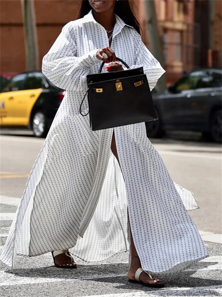 White Dress Women 2024 Summer Autumn Long Sleeves Buttoned Split-Side Striped Lapel Casual Women's Long Maxi Dresses