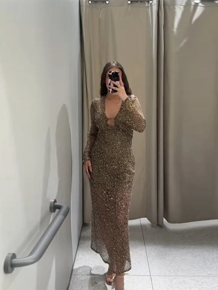 Sequin Maixi Dress Woman Deep V-neck Sparkling Lace Up Trumpet Sleeves Slim Long Dresses Sexy Perspective Party Women's Robe