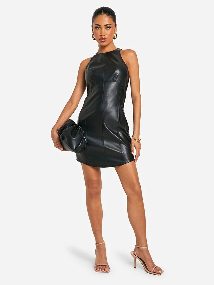 Women Faux Leather Tank Dress Stretch PU Bodycon Dress Party Ladies Sleeveless Round Neck Mini Dress Clubwear Custom New