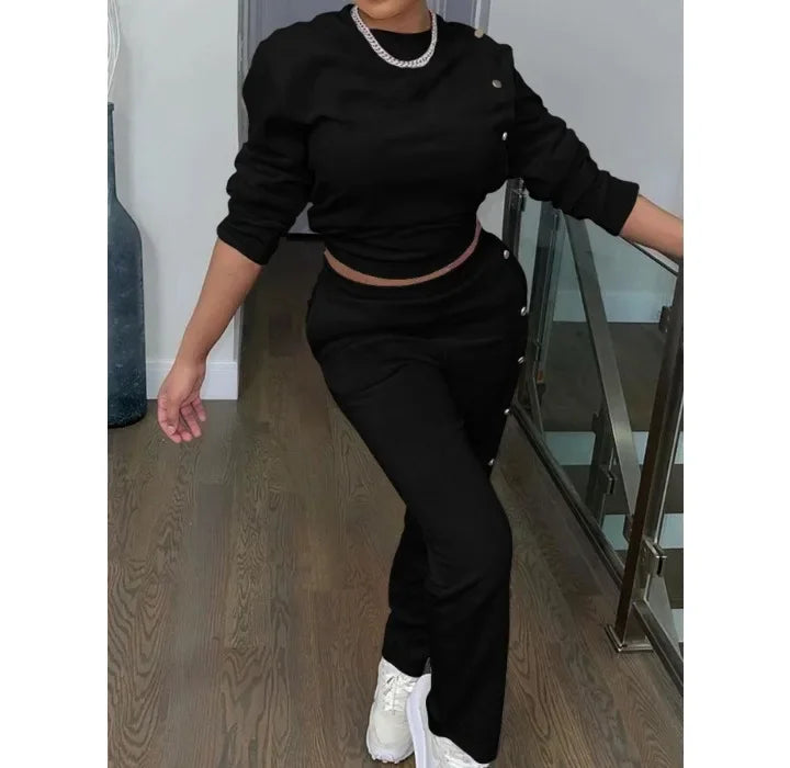 Two Piece Sets Streetwear Elegant Women's New Hoodie Side Button Long Sleeved Pants Fashionable Casual Suit Y2k Autumn 2024