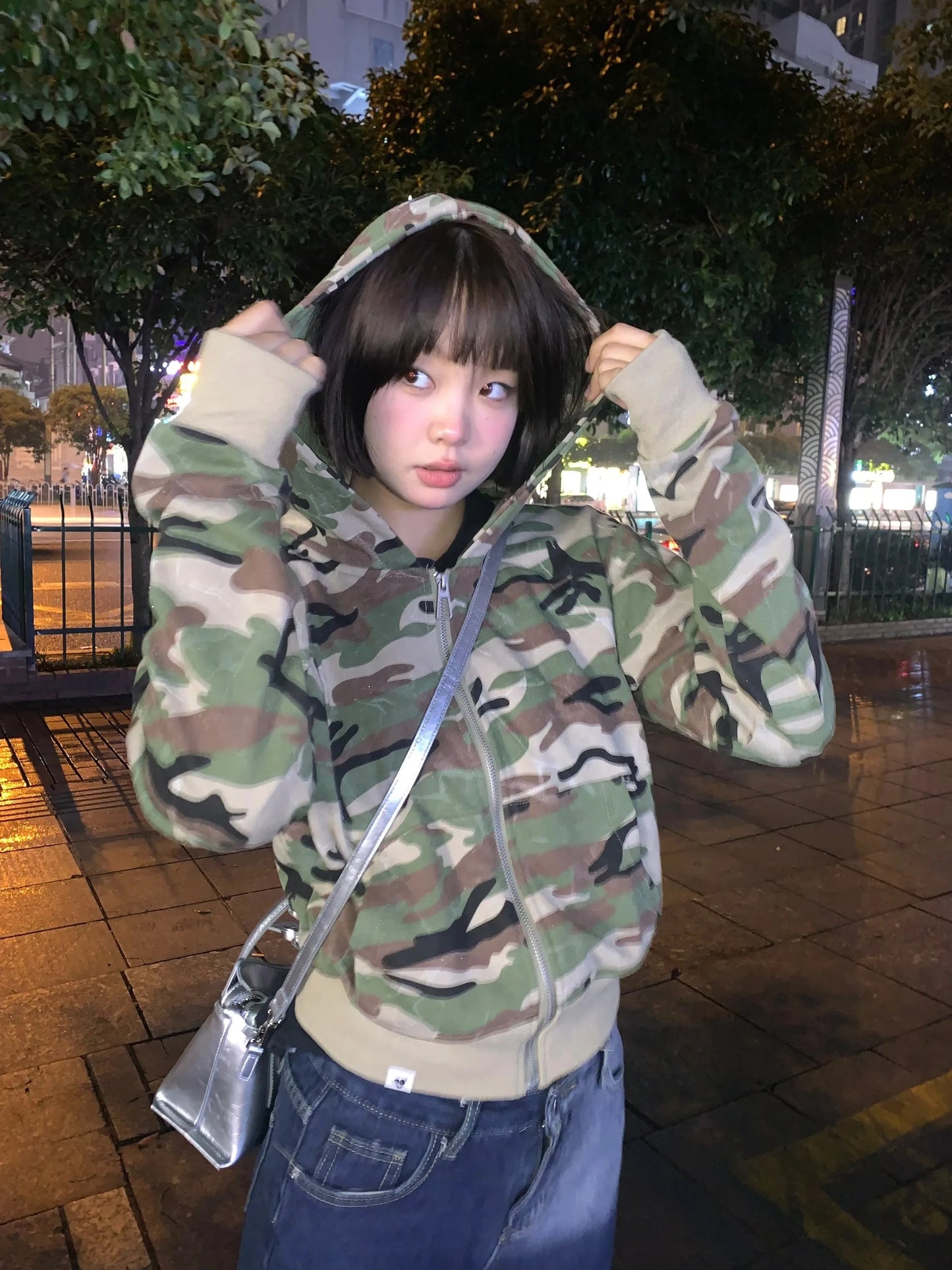 Karrram Japanese Y2k Cropped Jacket Vintage Harajuku Short Coat 2000s Korean Fashion Camouflage Zipper Hooded Sweatshirt Grunge