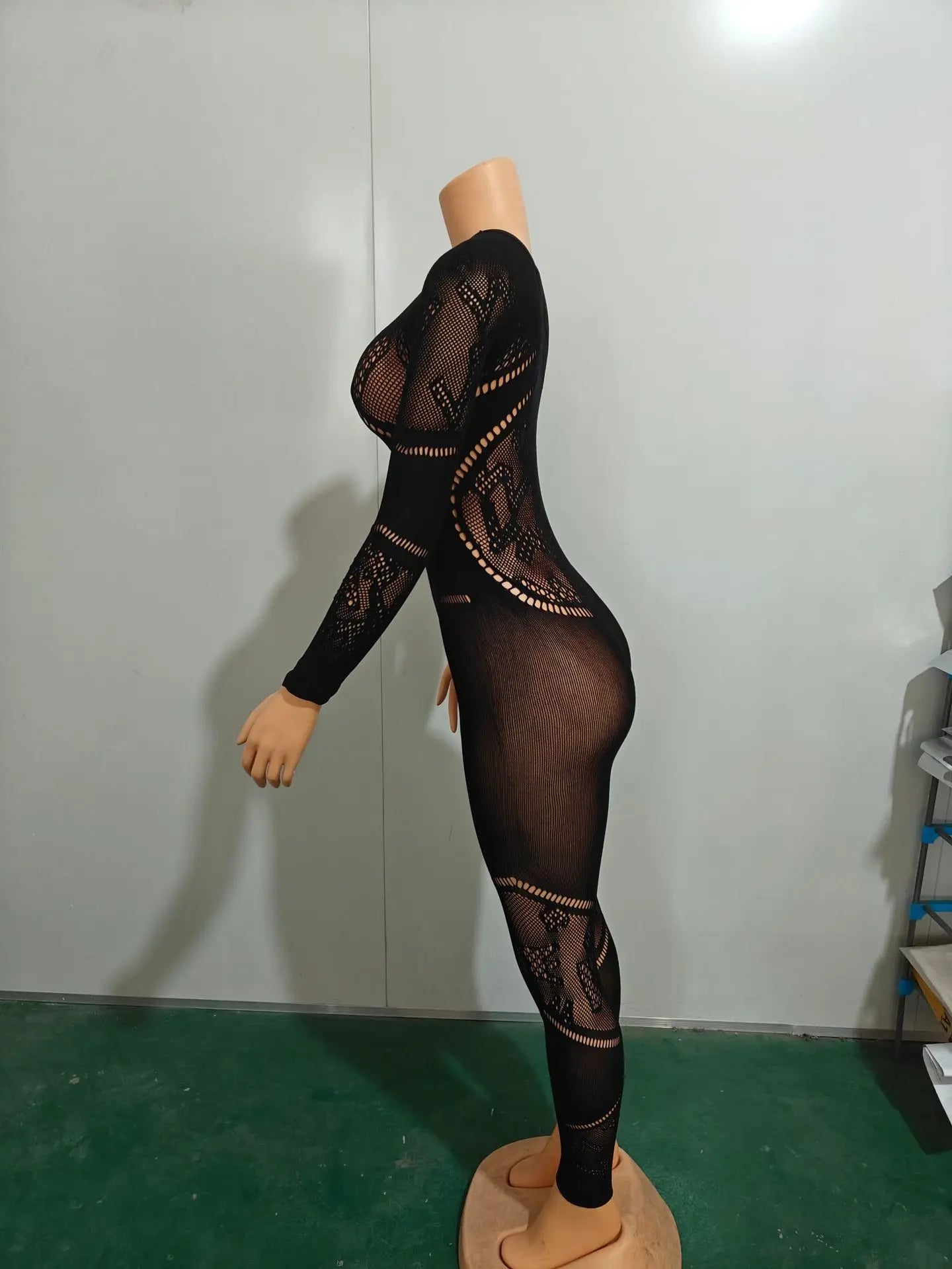 CM.YAYA Long Sleeve Sexy Mesh Lace Hollow Out Women’s Jumpsuits 2024 Fall O-Neck Night Club Party Pajamas One Piece Outfits