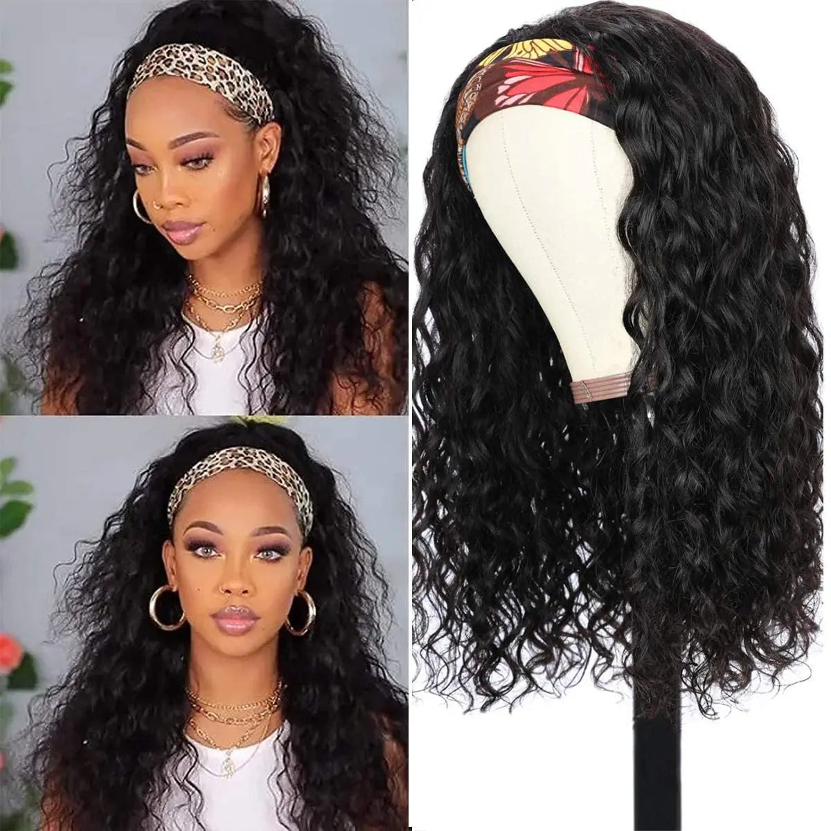 Short Curly Pixie Cut Headband Wig Water Wave Remy 100% Brazilian Human Hair Scarf Wigs For Women Machine Made Long Straight Wig