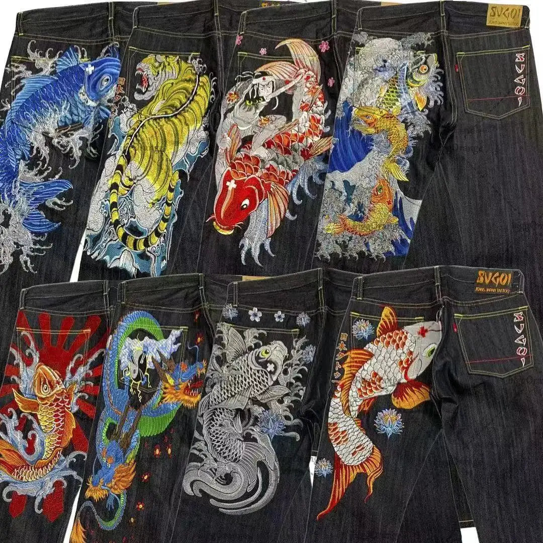Japanese hip-hop Brocade carp printed jeans same style couple washed high waist retro casual loose ins straight wide leg pants