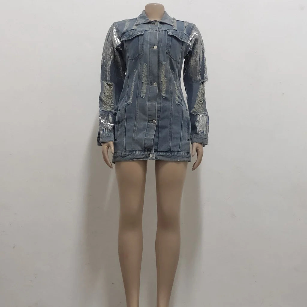 Jackets Women Denim Coat Hole Sequins Patchwork Single Breasted Turn Down Collar Y2k Vintage Streetwear 2025 Autumn Outerwear