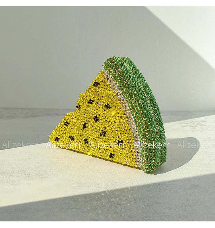 Alizekerr Pizza Shaped Diamond Evening Clutch Bags 2024 New Gorgeous Unique Metallic Watermelon Rhinestone Purses Wedding Party