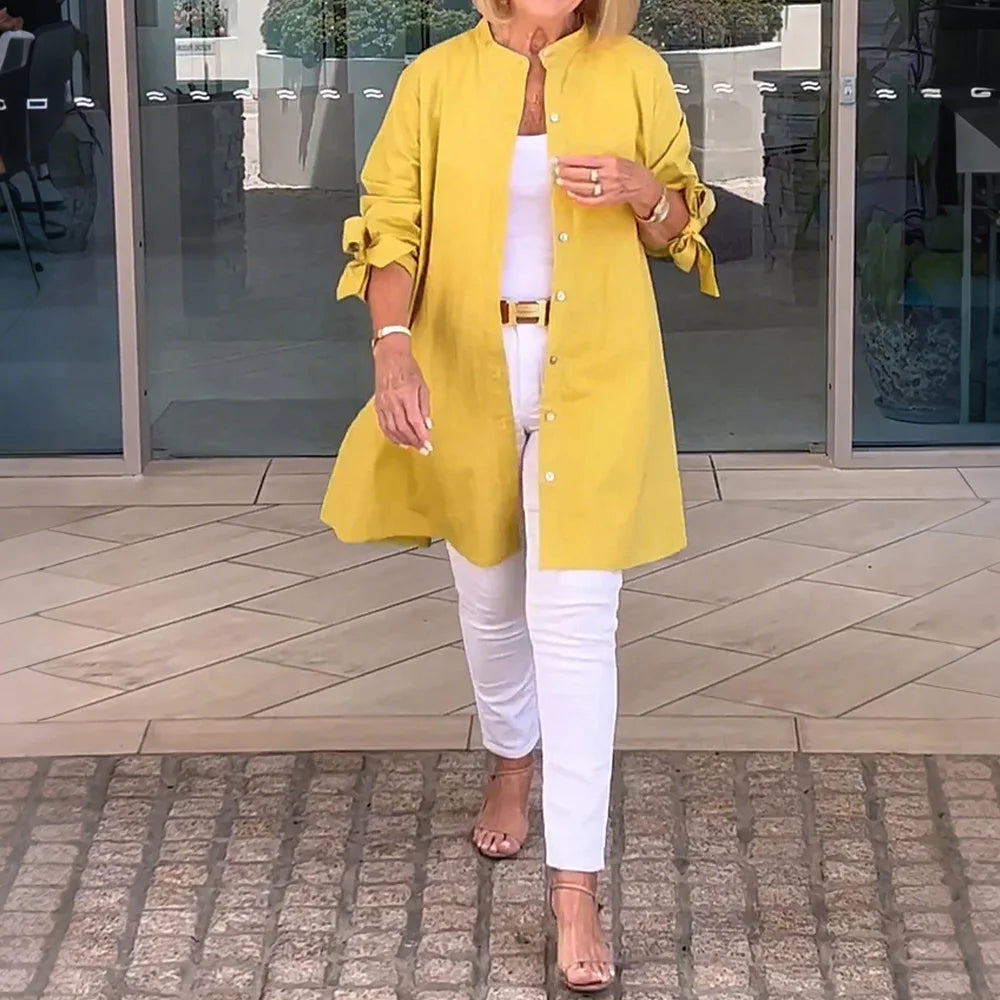 Women's Solid Long Sleeve Stand Collar Shirts Blouse Spring Autumn Ladies Single Breasted Casual OL Office Tops Size S-3XL