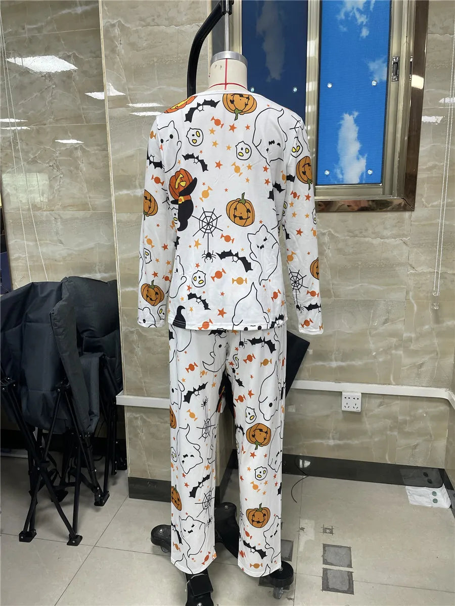 Women Pajama Sets Halloween Ghosts and Pumpkin Print Spooky Outfits Sleepwear Long Sleeve Round Neck Tops Long Pants Suits Pjs