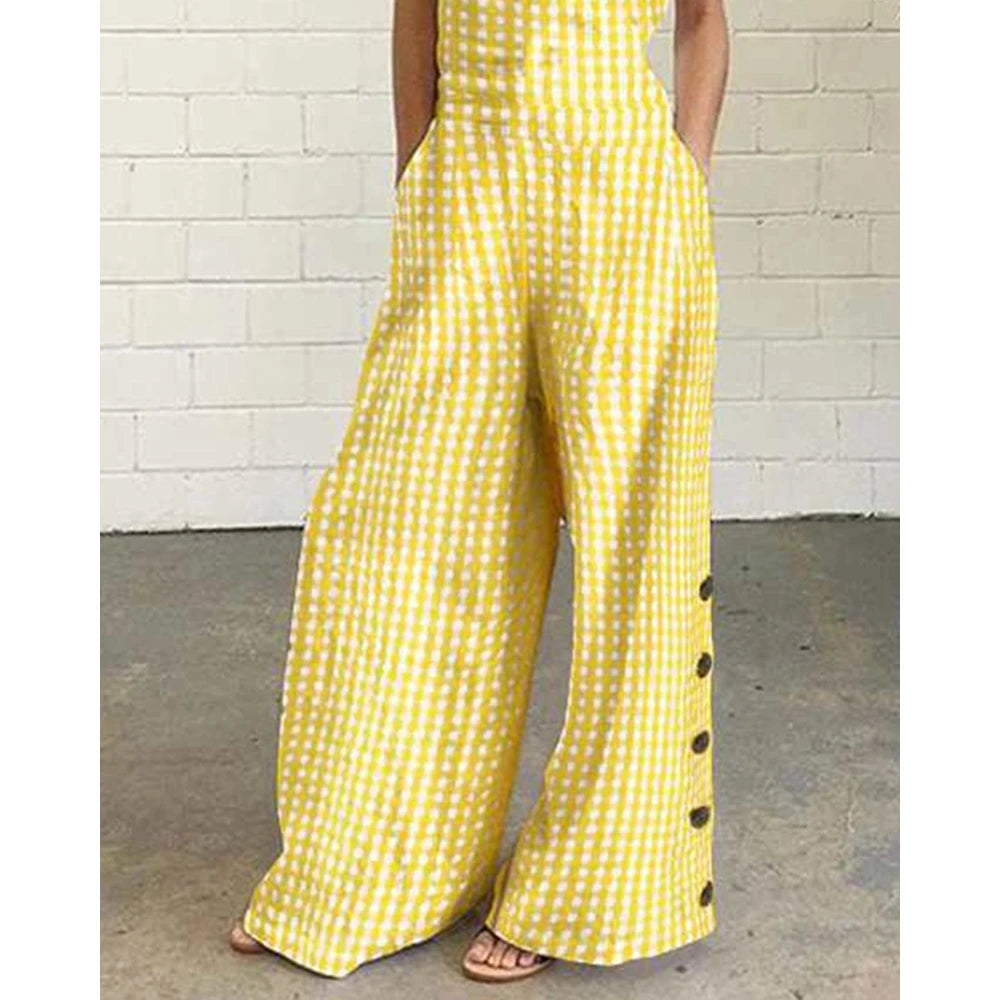 Women All Over Plaid Print Suspender Jumpsuit Summer Buttoned Wide Leg Elegant Jumpsuit Casual One Piece Party Overalls Clothing