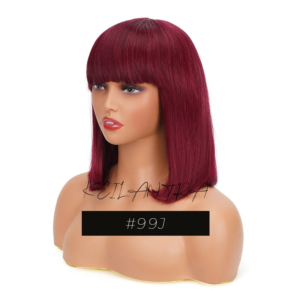 Straight Human Hair Bob Wigs with Bangs Remy Full Machine Made for Women Hightlight Burgundy Brown Colored BOB Wig