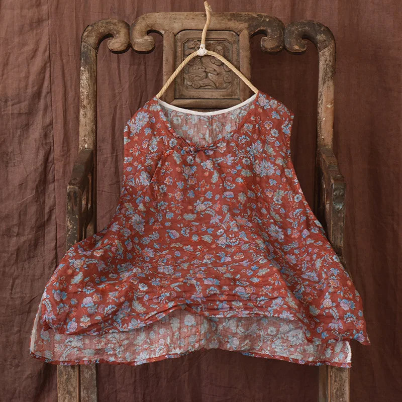Casual Linen Tank Top With Vintage Floral Print for Women
