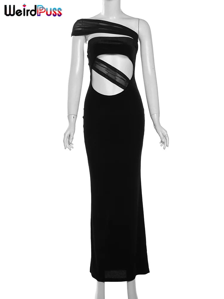 Weird Puss Diagonal Collar Sexy Dress Women Y2K Summer Trend Hollow Mesh Patchwork Midnight Birthday Party Clubwear Maxi Bodycon