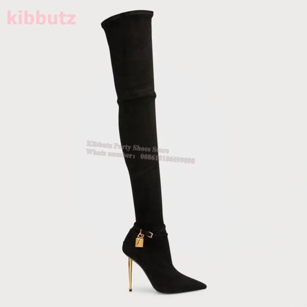 Metal Padlock Key Ankle Boots Genuine Leather Solid Color Pointed Toe Thin Heel Suede Side Zipper Fashion Runway Show Elegant