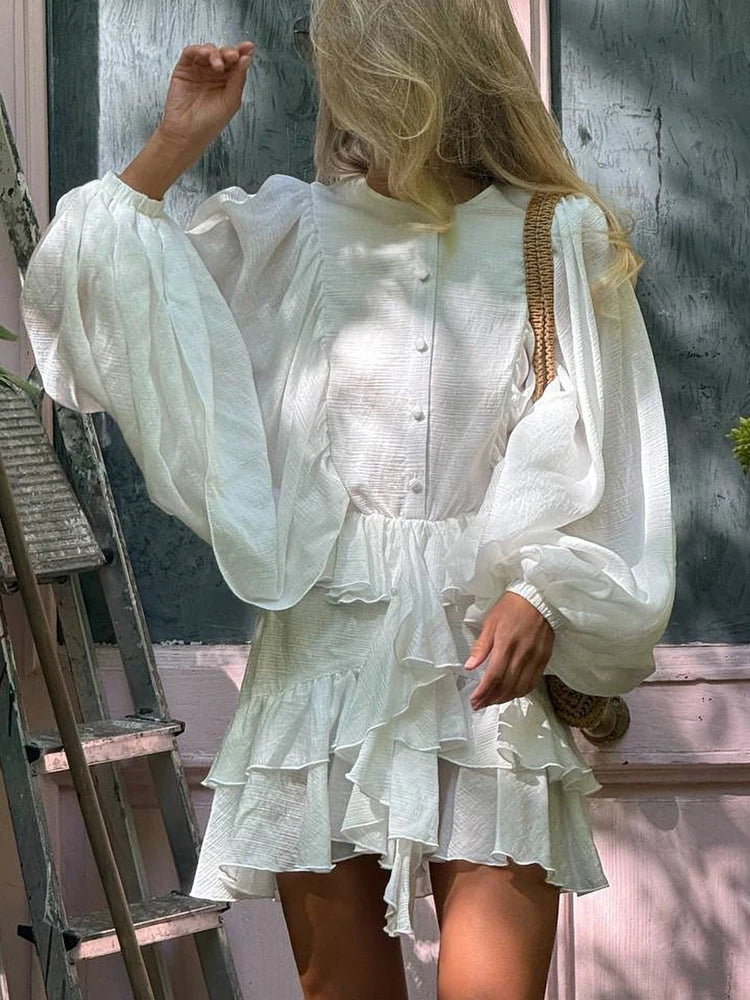 FSMG Elegant Lantern Sleeve Ruffle Edge Mini Dress Casual O Neck Pleated Single Breasted Loose Short Skirt Holiday Banquet Dress