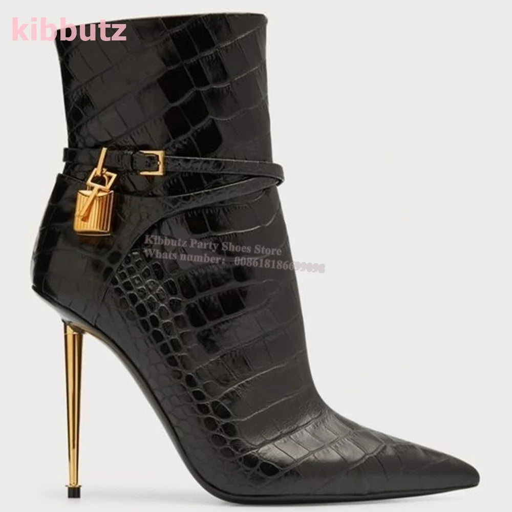 Metal Padlock Key Ankle Boots Genuine Leather Solid Color Pointed Toe Thin Heel Suede Side Zipper Fashion Runway Show Elegant