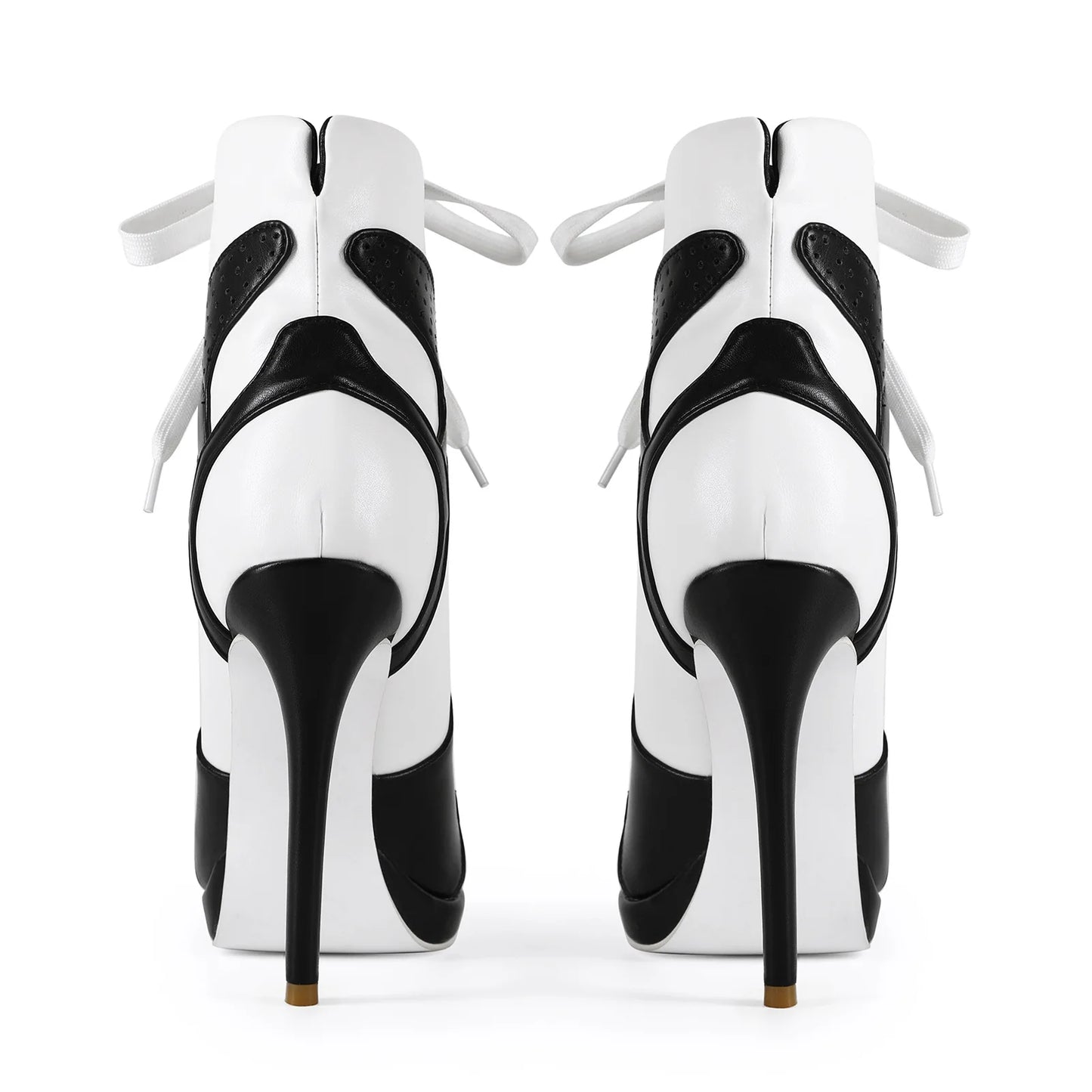 Plus Size Black White Lace-Up Stiletto Mid-Calf Boots For Women